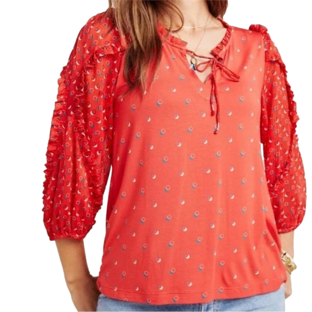 🚂Anthropologie Maeve ruffle jacquin Red Blouse with Patterned Sleeves size S GUC